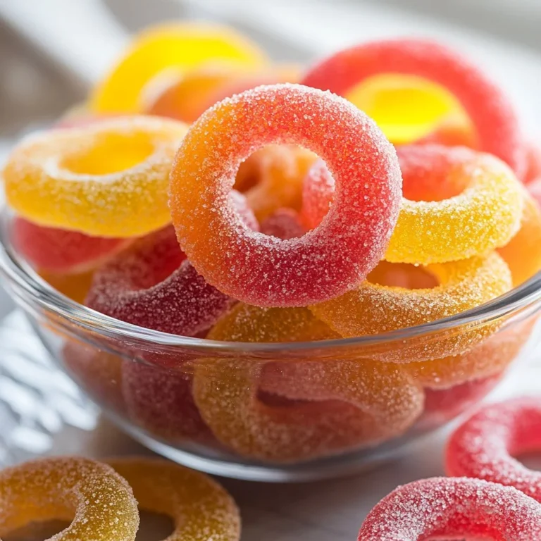 A vibrant bowl of Chamoy Peach Rings, showcasing their sweet and tangy appearance.