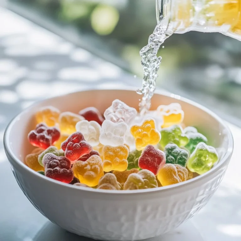 Bowl of colorful frozen gummy bears for a cool snack