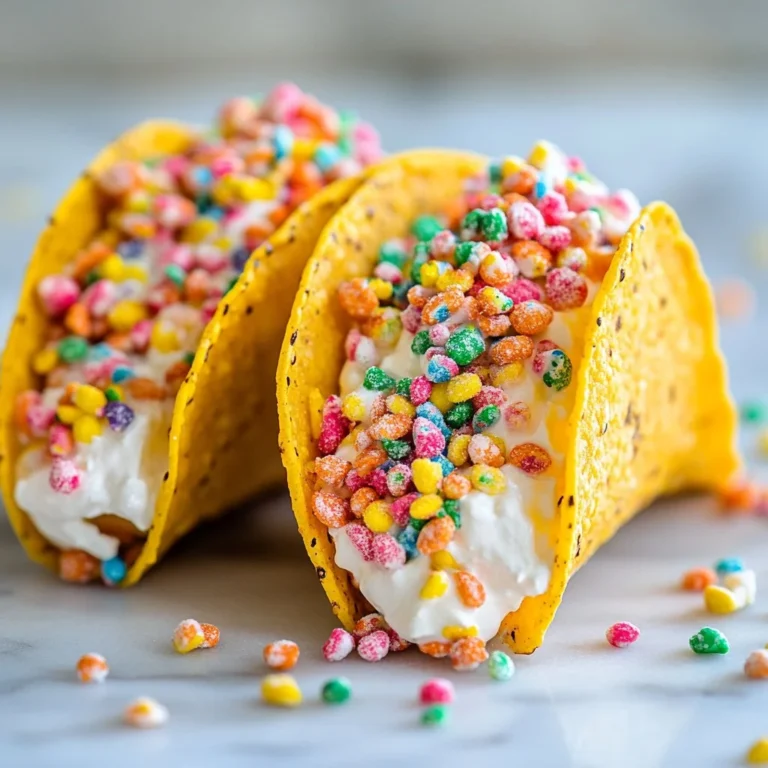 Colorful Fruity Pebbles Cheesecake Tacos topped with vibrant fruit and cream.