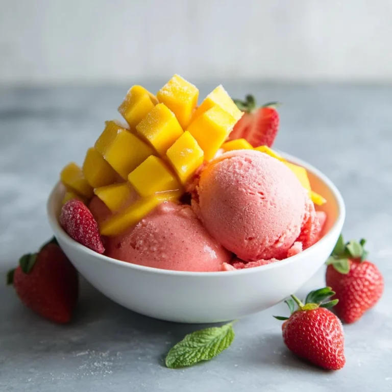Delicious homemade Mango Strawberry Sorbet in a bowl topped with fresh fruit.