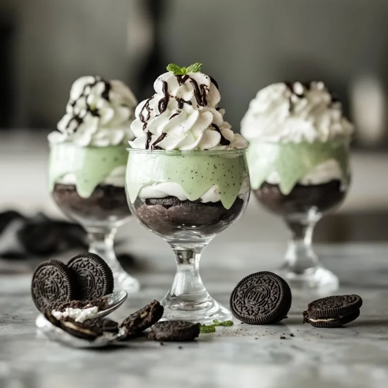 Delicious Mint Oreo Parfaits layered with mint cream and crushed Oreos.