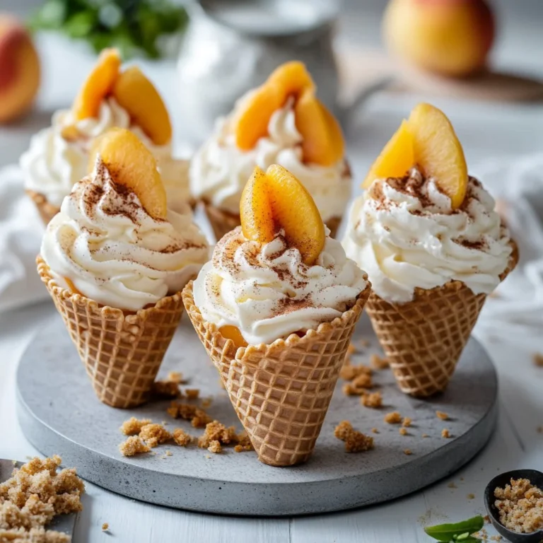 Delicious Peach Cobbler Cheesecake Cones with fresh peaches and creamy filling