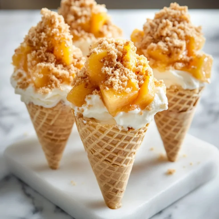 Peach cobbler cheesecake cones served in waffle cones with peach topping.