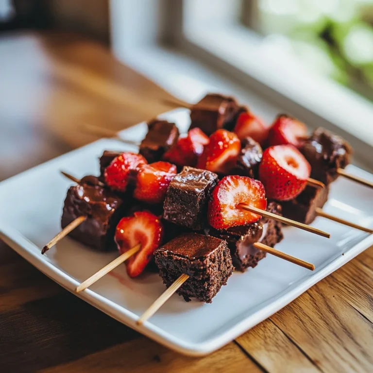 Delicious Strawberry Brownie Kabobs served on a skewer.