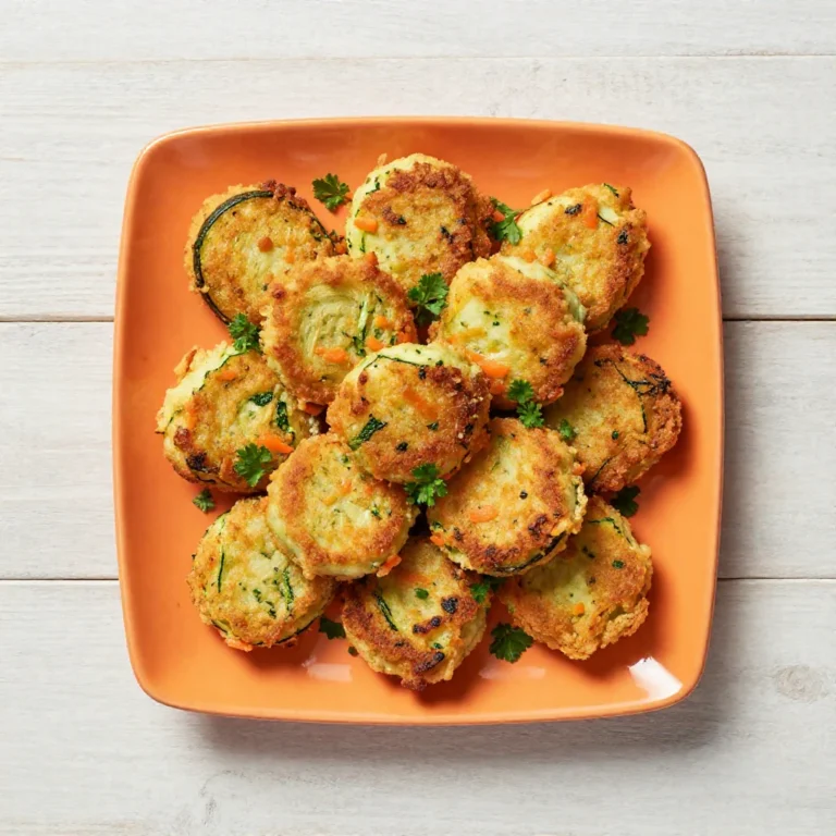 Primo piano di polpette dorate di zucchine e carote, disposte su un piatto con una spolverata di prezzemolo fresco.