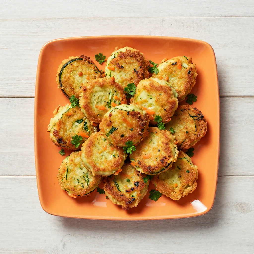 Primo piano di polpette dorate di zucchine e carote, disposte su un piatto con una spolverata di prezzemolo fresco.
