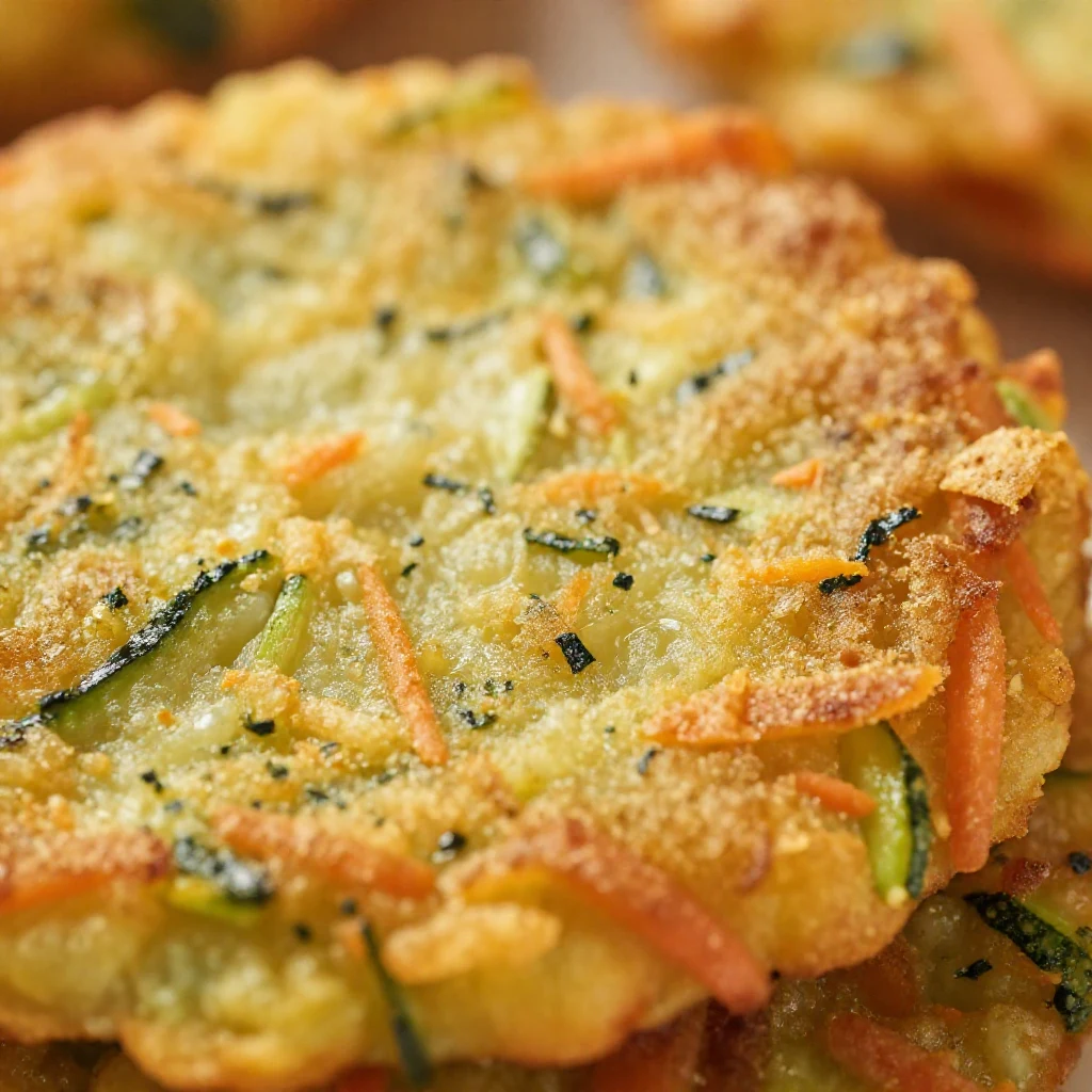 Primo piano di polpette dorate di zucchine e carote, disposte su un piatto con una spolverata di prezzemolo fresco.