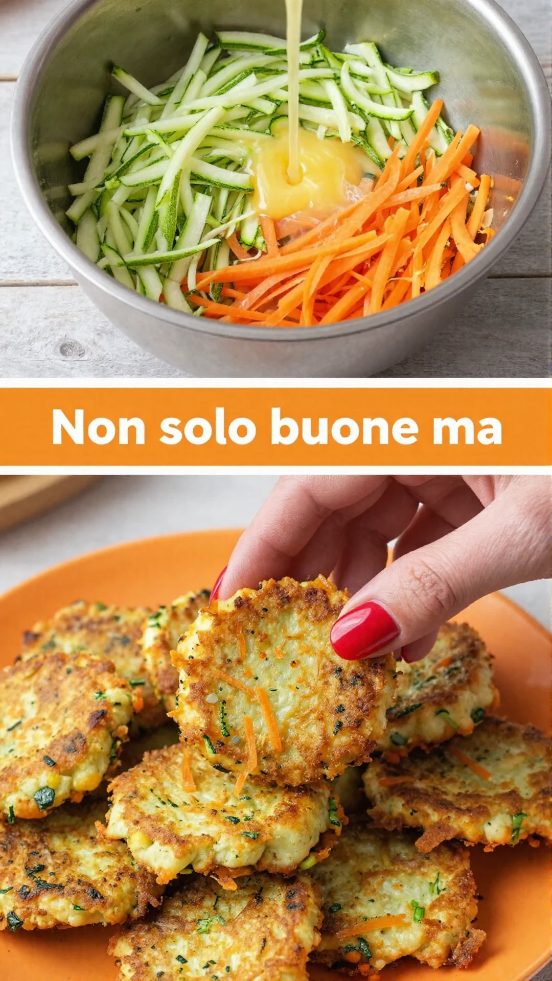 Primo piano di polpette dorate di zucchine e carote, disposte su un piatto con una spolverata di prezzemolo fresco.