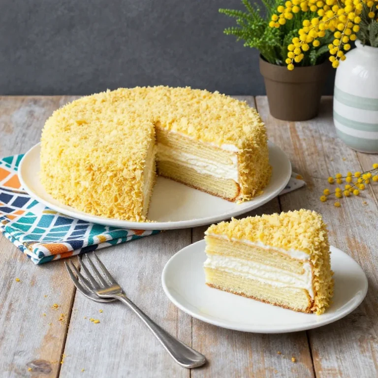 Una fetta di Torta Mimosa con strati di pan di Spagna e crema pasticcera, guarnita con cubetti di pan di Spagna che ricordano i fiori di mimosa.