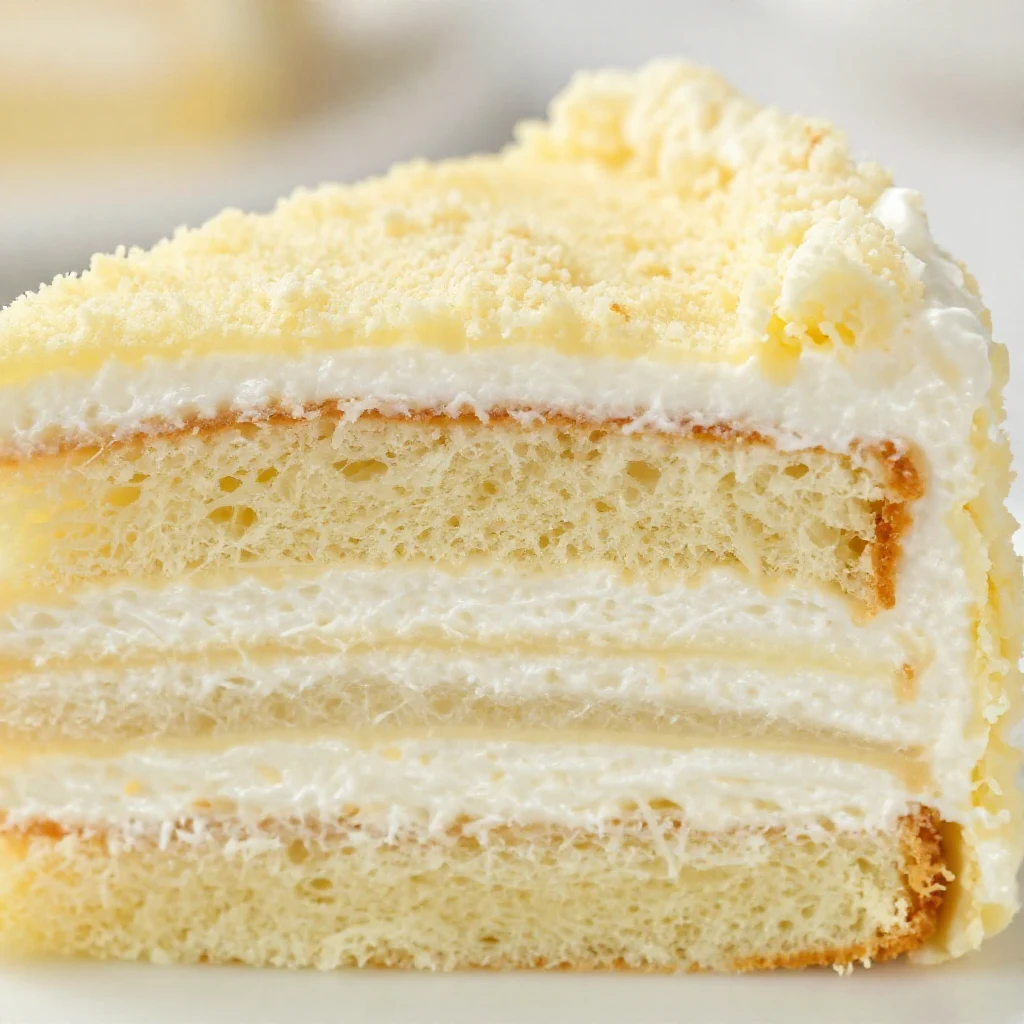 Una fetta di Torta Mimosa con strati di pan di Spagna e crema pasticcera, guarnita con cubetti di pan di Spagna che ricordano i fiori di mimosa.