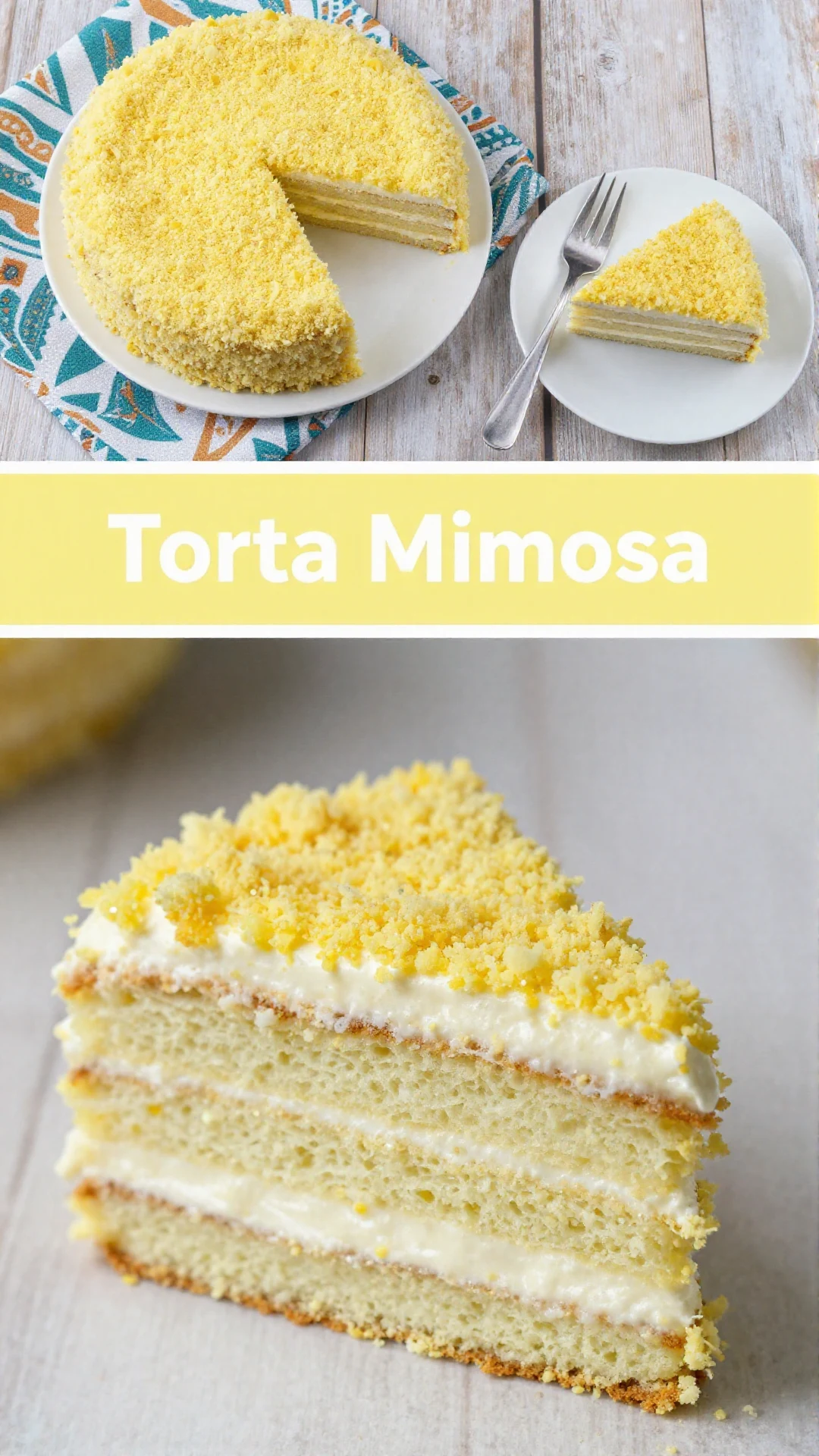 Una fetta di Torta Mimosa con strati di pan di Spagna e crema pasticcera, guarnita con cubetti di pan di Spagna che ricordano i fiori di mimosa.