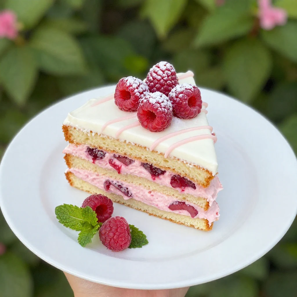 Una fetta di Torta Paradiso con strati di crema e lamponi freschi in primo piano, poggiata su un piatto bianco.