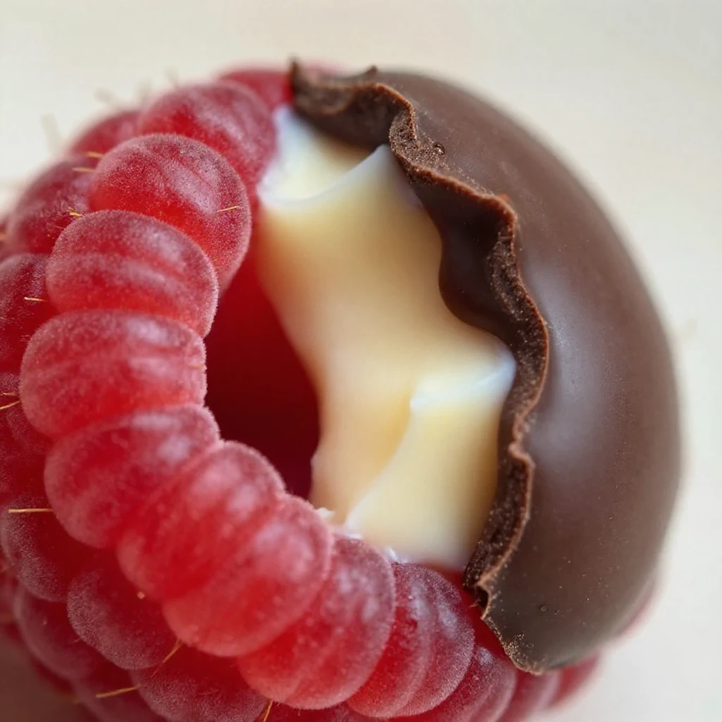 Lamponi Franui da 150g ricoperti per metà di cioccolato bianco e per metà di cioccolato fondente, disposti su un piatto.