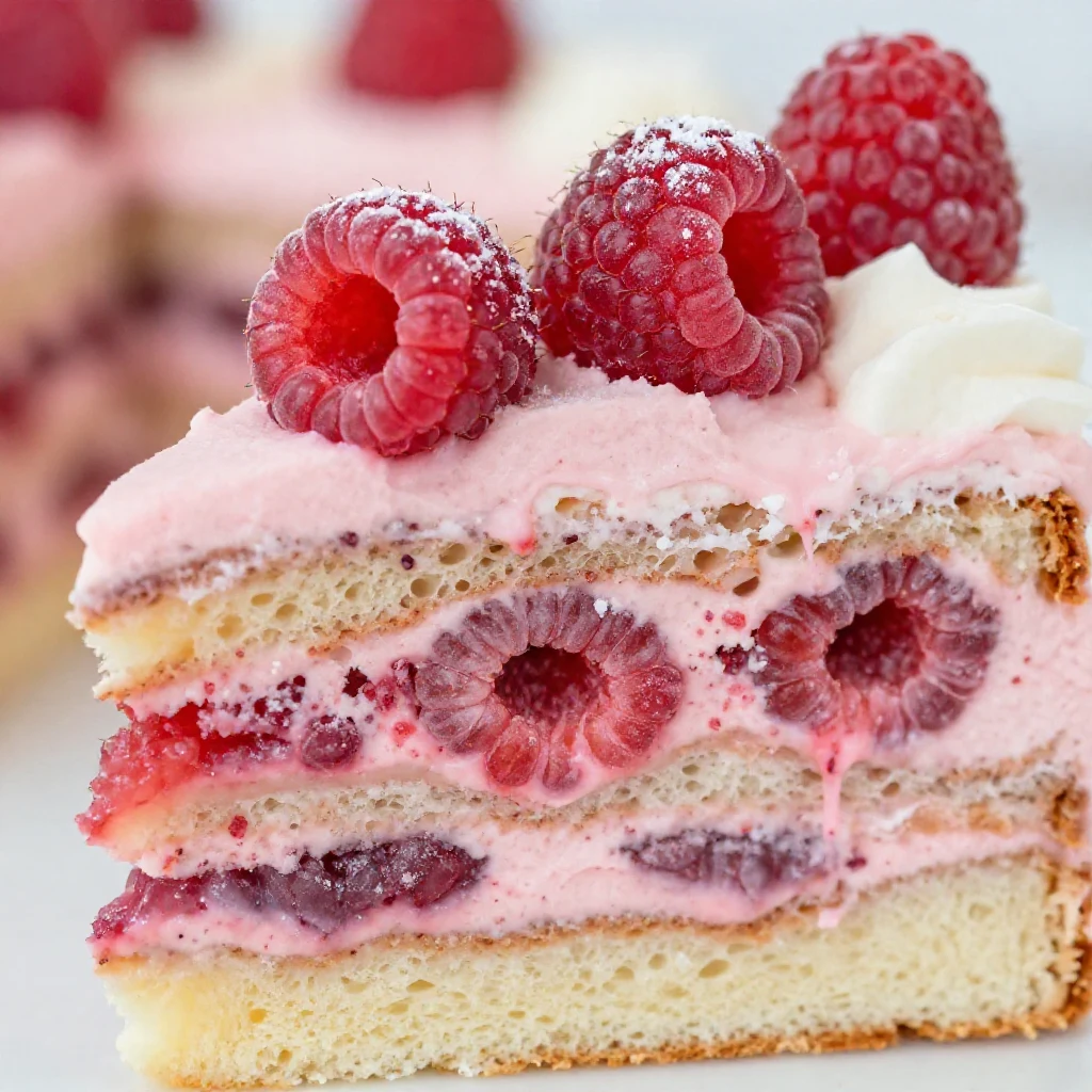 Una fetta di Torta Paradiso con strati di crema e lamponi freschi in primo piano, poggiata su un piatto bianco.