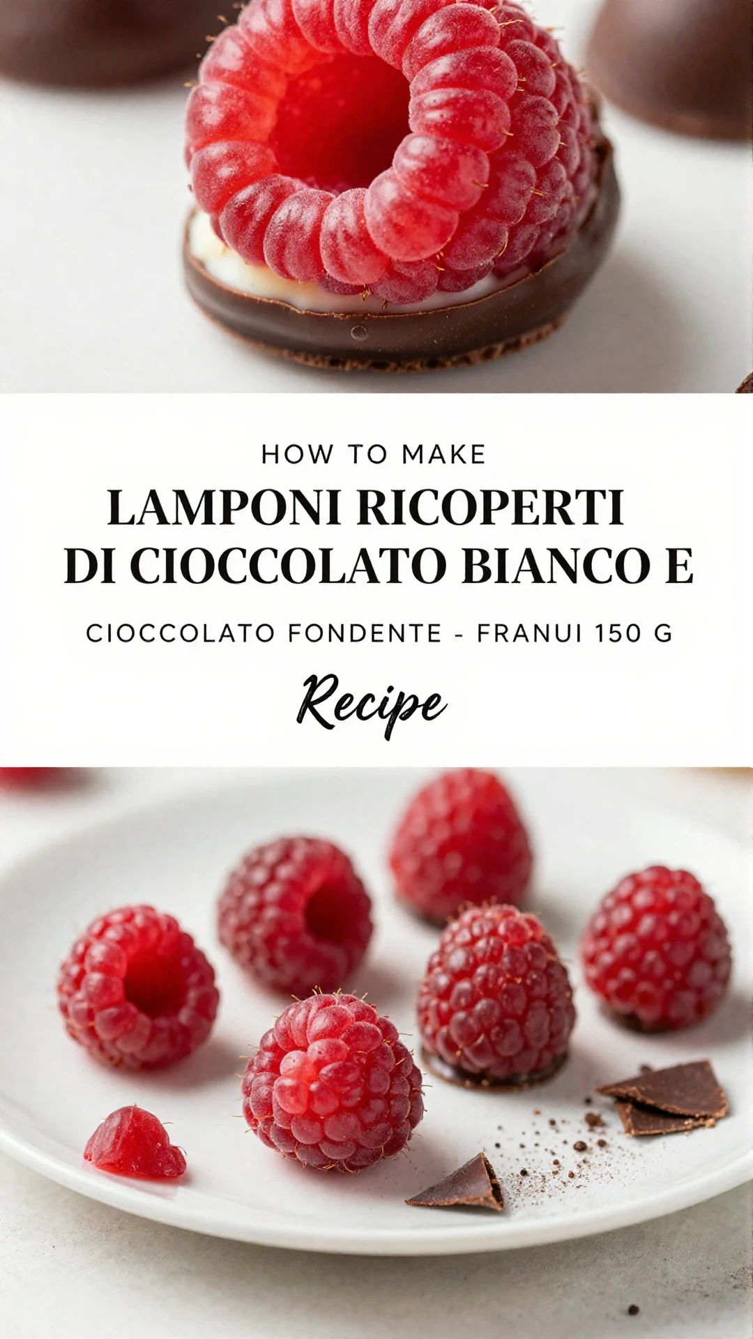 Lamponi Franui da 150g ricoperti per metà di cioccolato bianco e per metà di cioccolato fondente, disposti su un piatto.