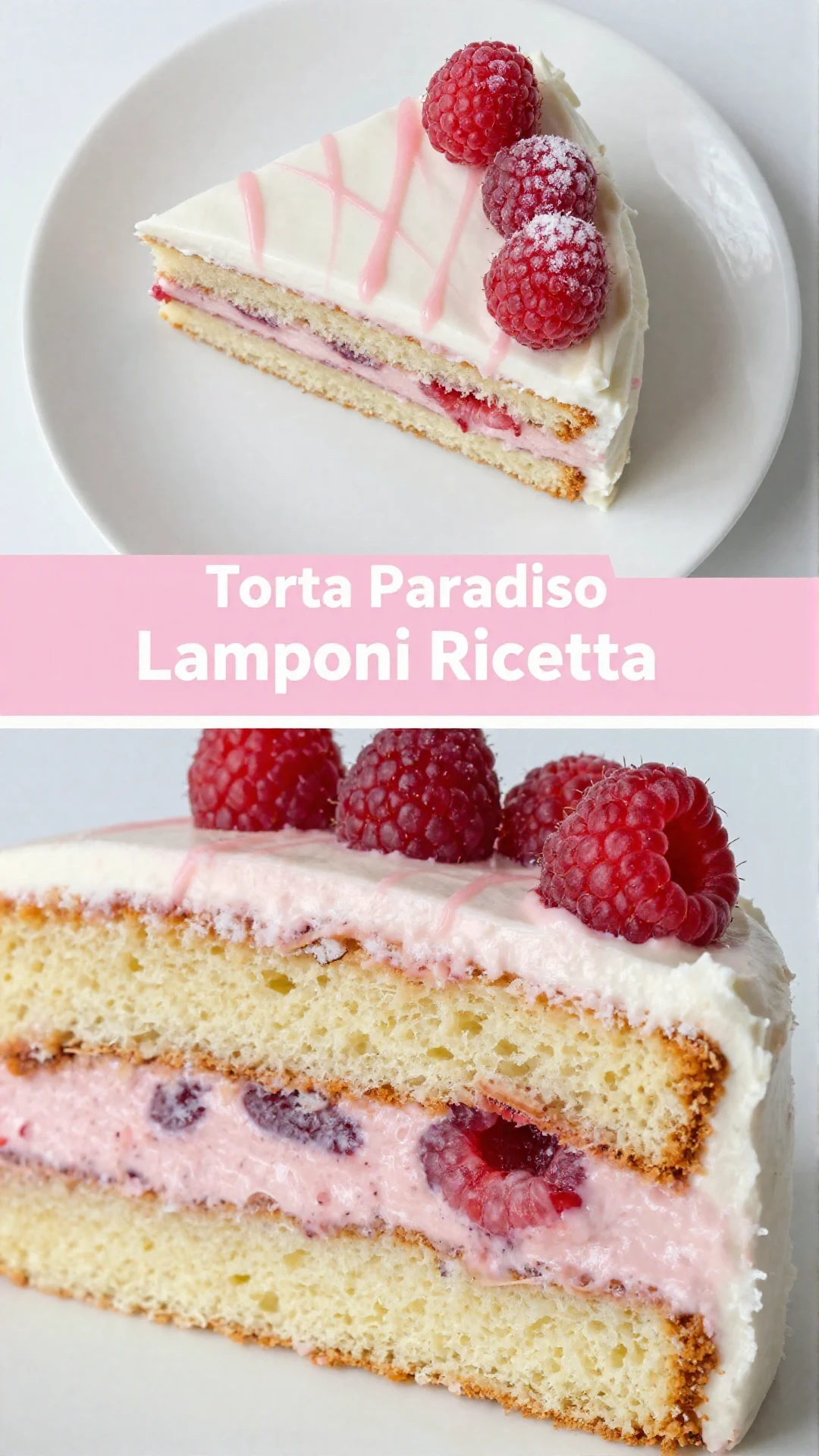 Una fetta di Torta Paradiso con strati di crema e lamponi freschi in primo piano, poggiata su un piatto bianco.