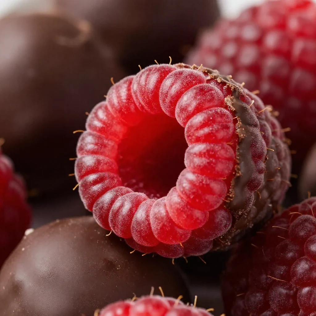 Primo piano di lamponi freschi ricoperti di cioccolato fondente fuso su un piatto bianco.