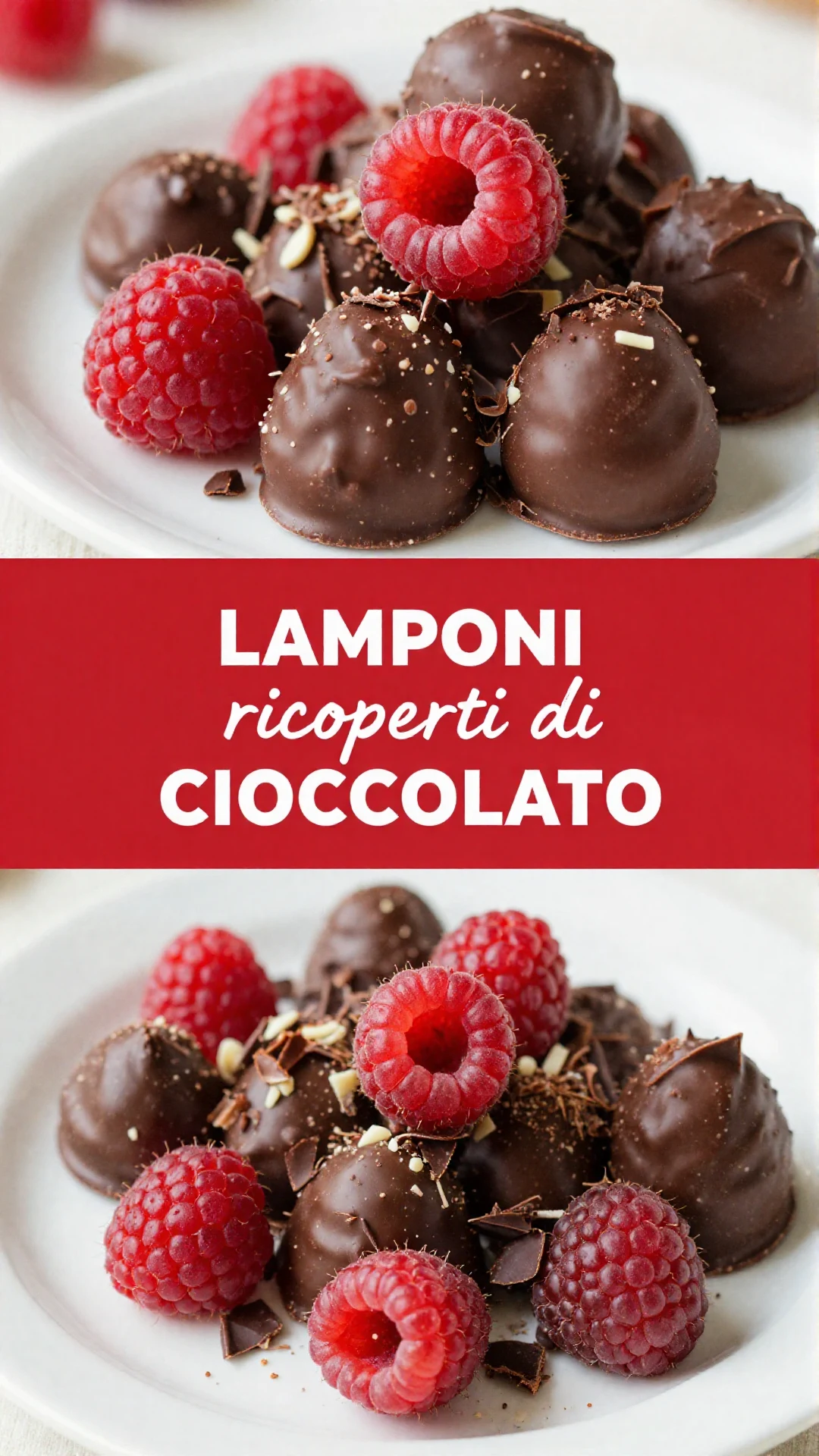 Primo piano di lamponi freschi ricoperti di cioccolato fondente fuso su un piatto bianco.