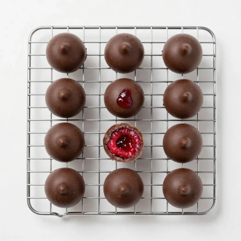 Primo piano di bocconcini di cioccolato e chia con lamponi freschi, disposti su un piatto bianco.