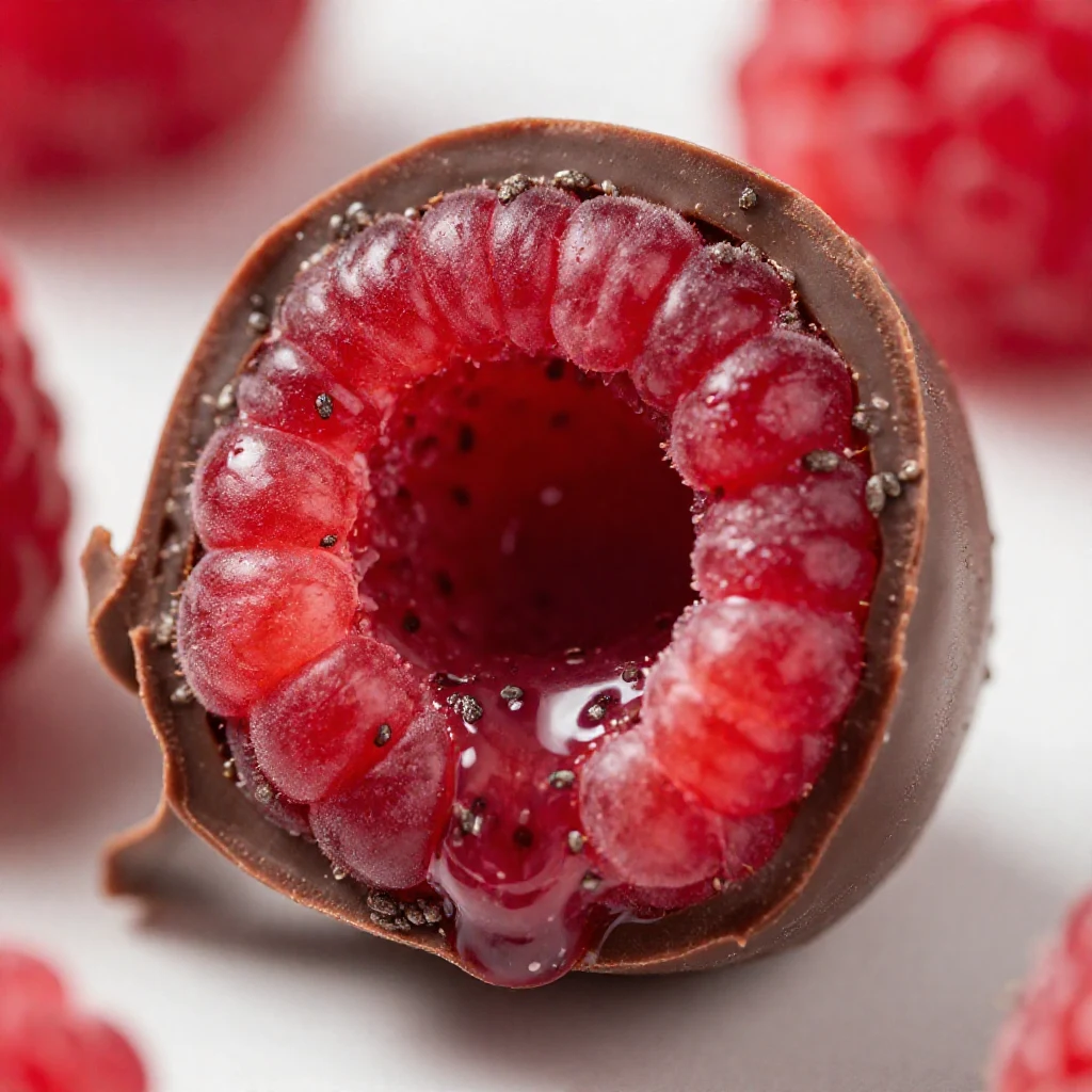 Primo piano di bocconcini di cioccolato e chia con lamponi freschi, disposti su un piatto bianco.