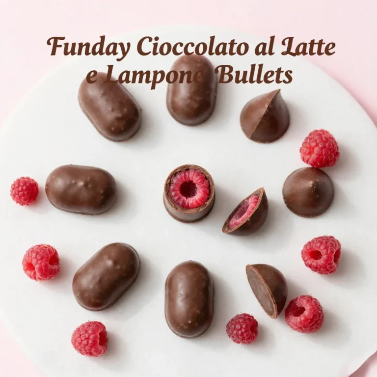 Confezione di Funday Cioccolato al Latte e Lampone Bullets da 50g, con i confetti rosa e marroni in evidenza.