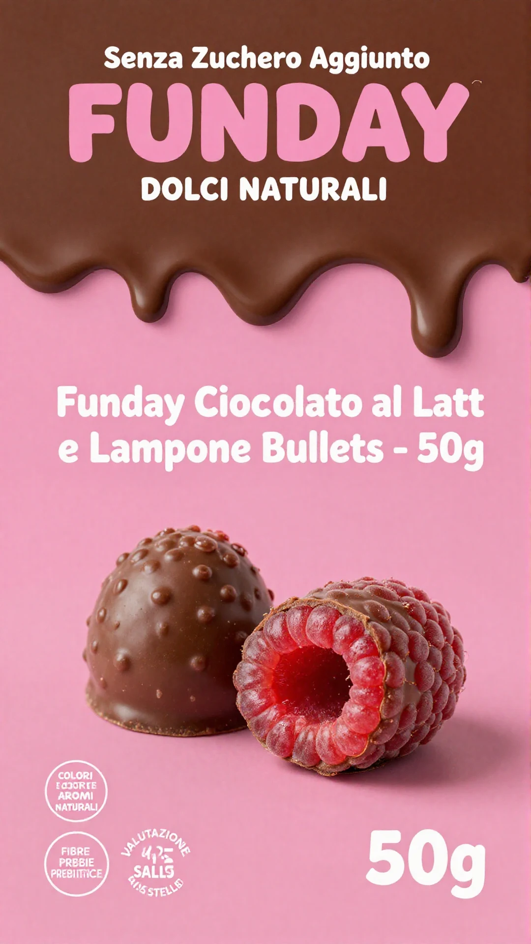 Confezione di Funday Cioccolato al Latte e Lampone Bullets da 50g, con i confetti rosa e marroni in evidenza.