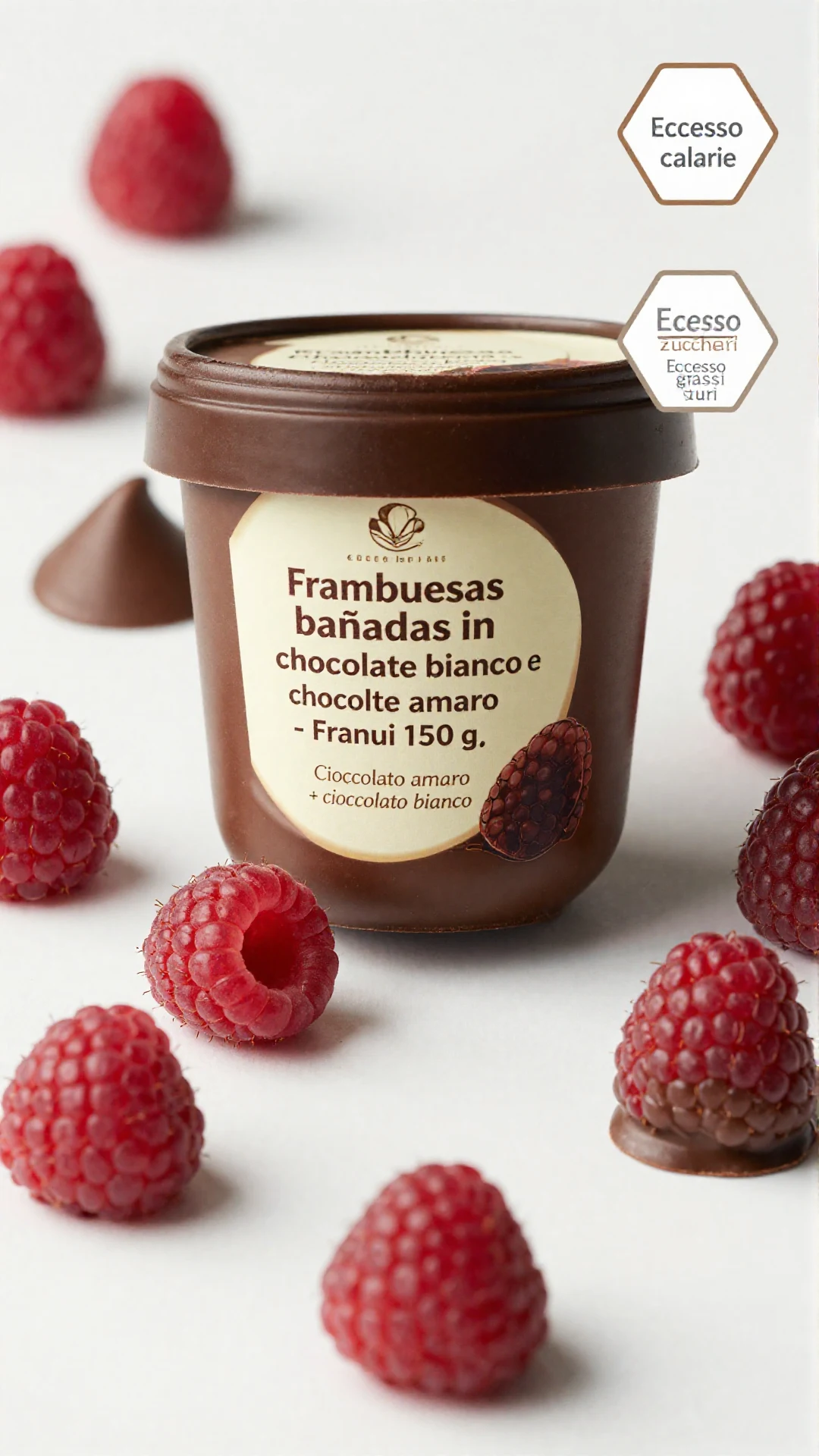 Frambuesas immerse in cioccolato bianco e cioccolato amaro in una confezione da 150 g di Franui